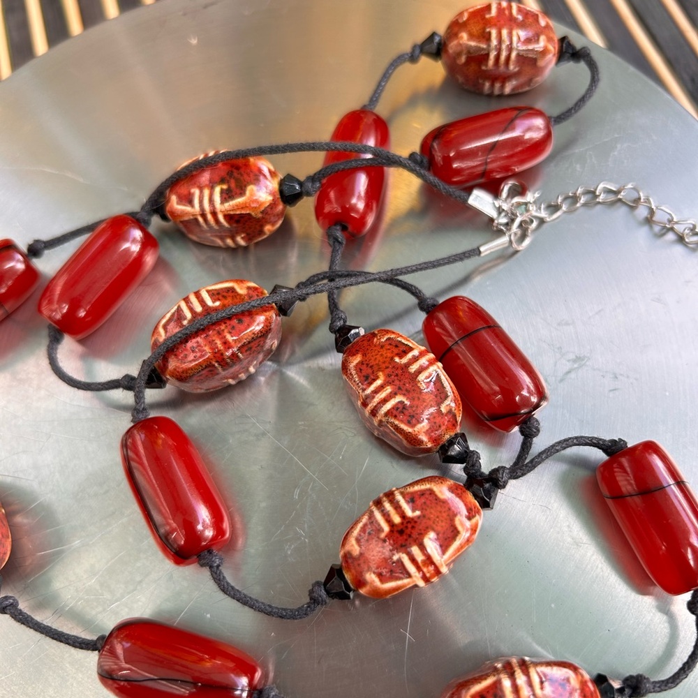 Venetian glass beads with ceramic beads, red and orange necklace unbranded